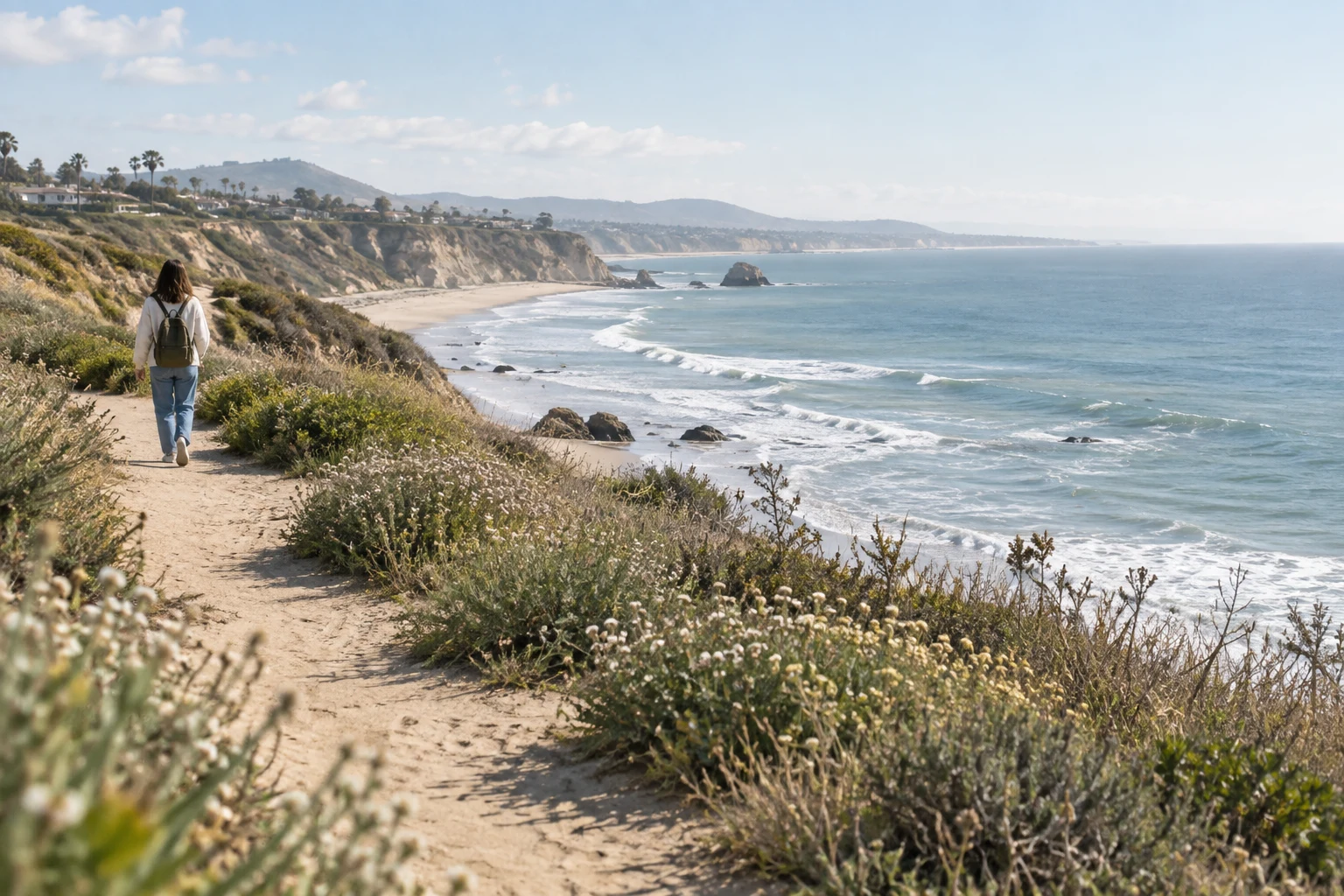 A quiet coastal path overlooking the blue Pacific Ocean