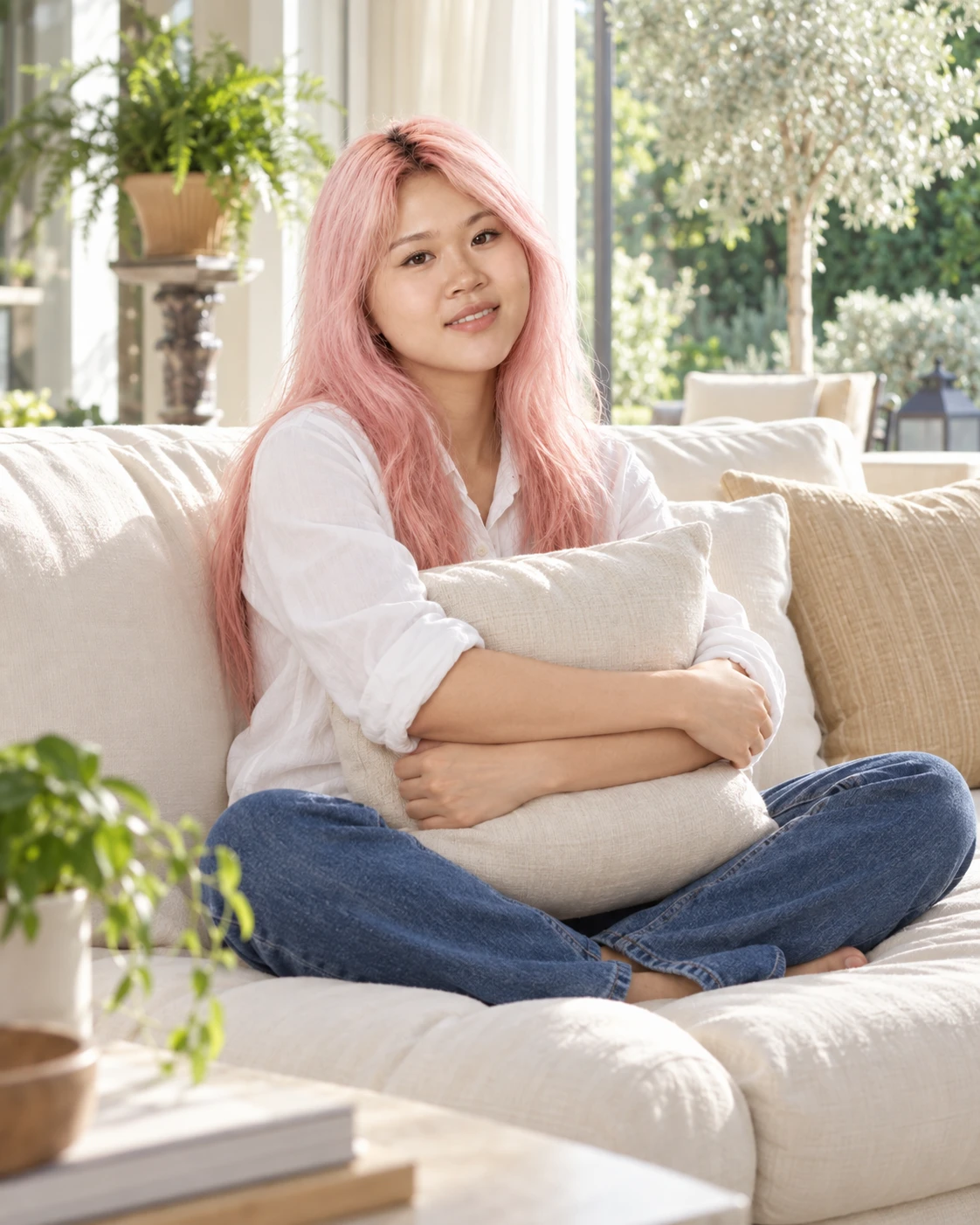Frances smiling and sitting cross-legged with a cushion on a plush ivory sofa in a sunlit California room