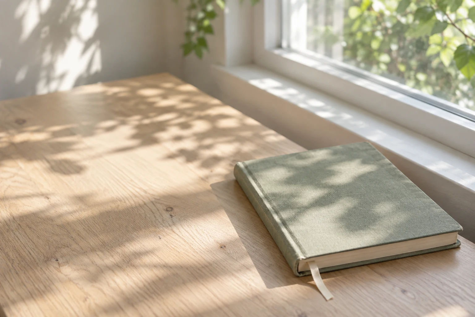 A sage green notebook on a wooden table in dappled window light