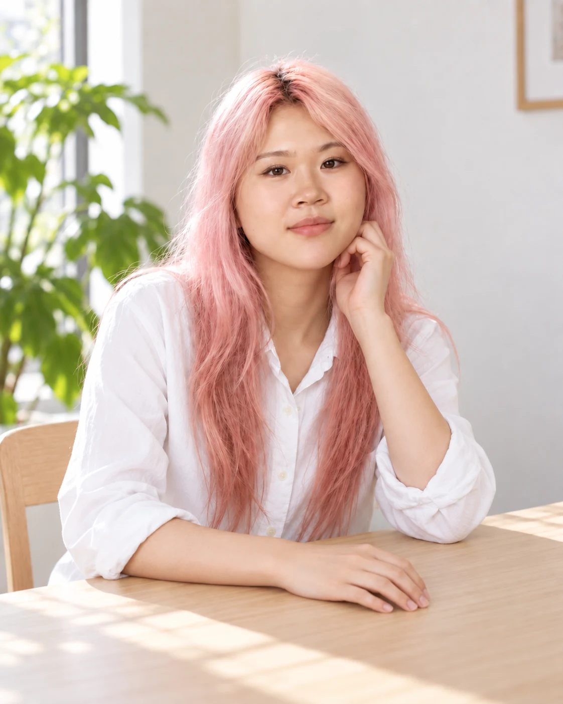 Frances with pink hair in a white shirt, resting her hand casually on a sunlit table